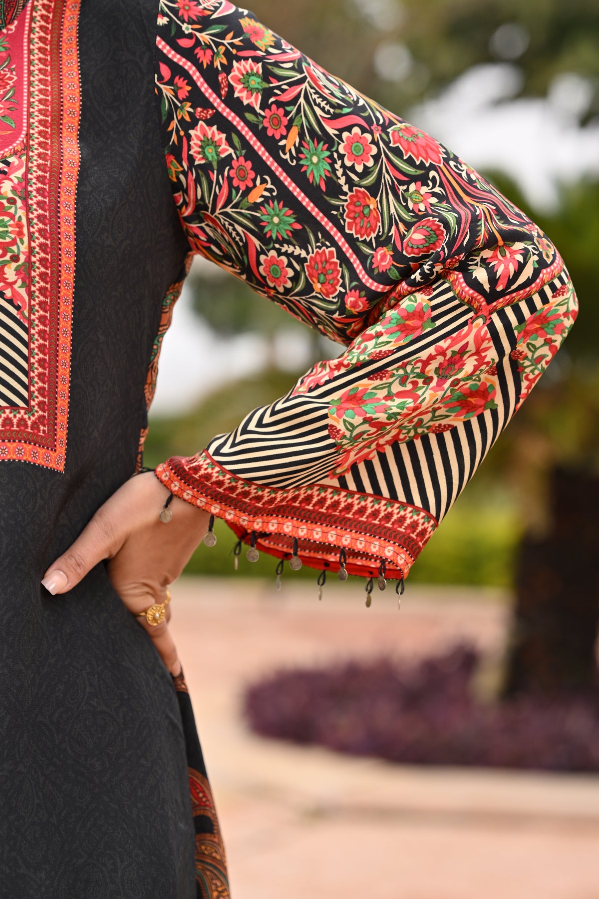 Black Paisley Placement Print Kurta Set