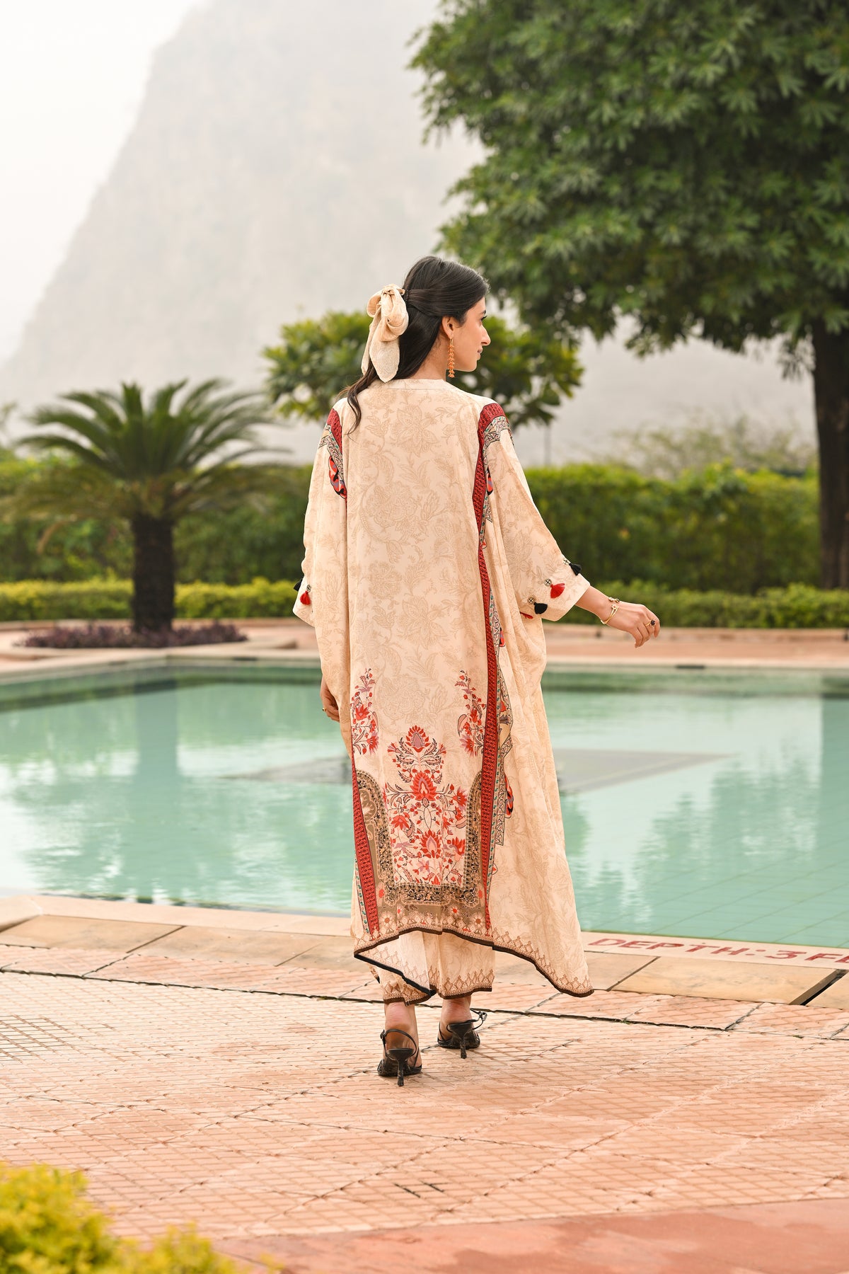 Paisley Print Cream and Black Kaftan with Pants