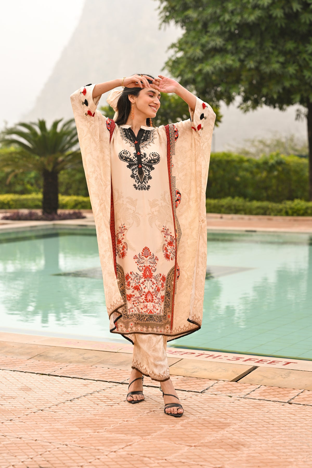 Paisley Print Cream and Black Kaftan with Pants