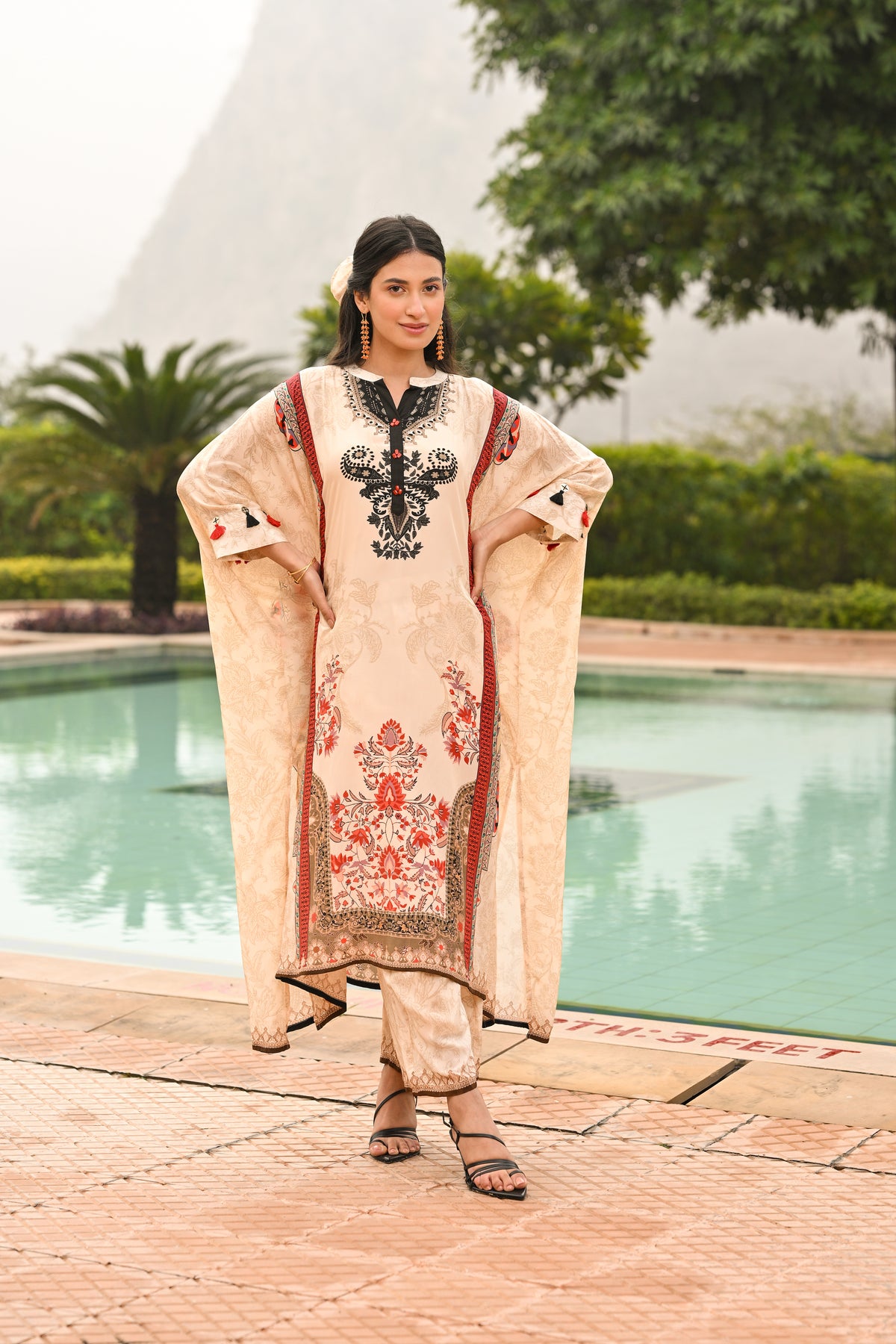 Paisley Print Cream and Black Kaftan with Pants