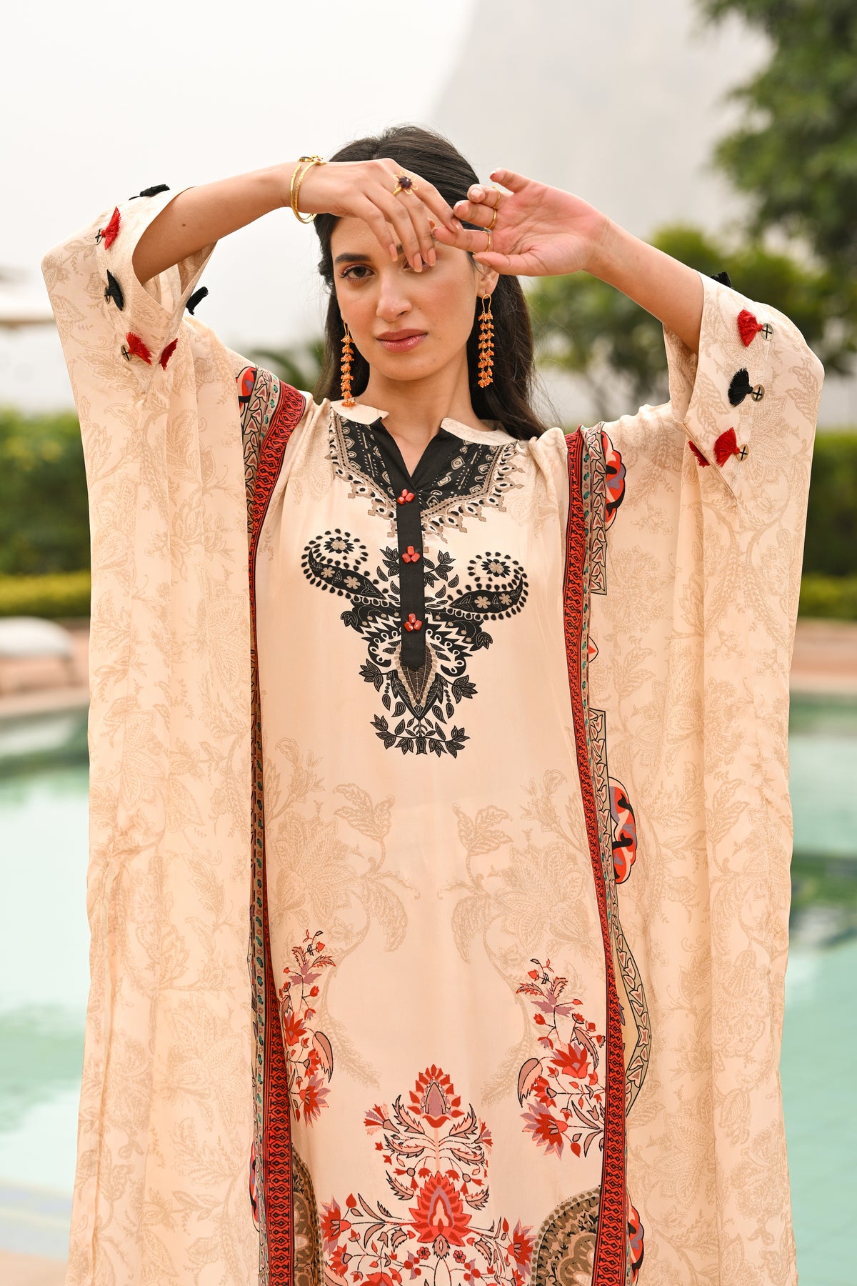 Paisley Print Cream and Black Kaftan with Pants