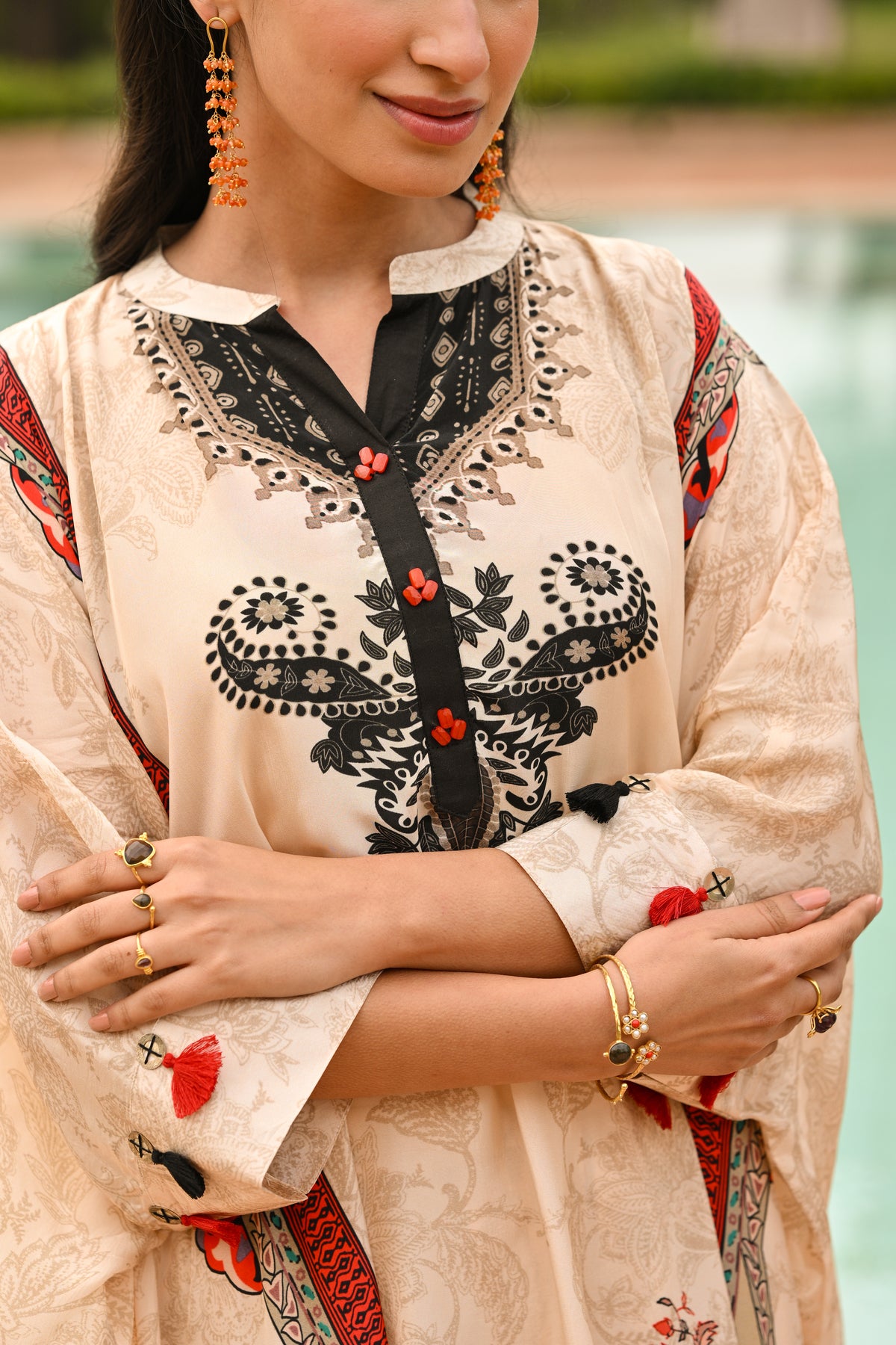 Paisley Print Cream and Black Kaftan with Pants