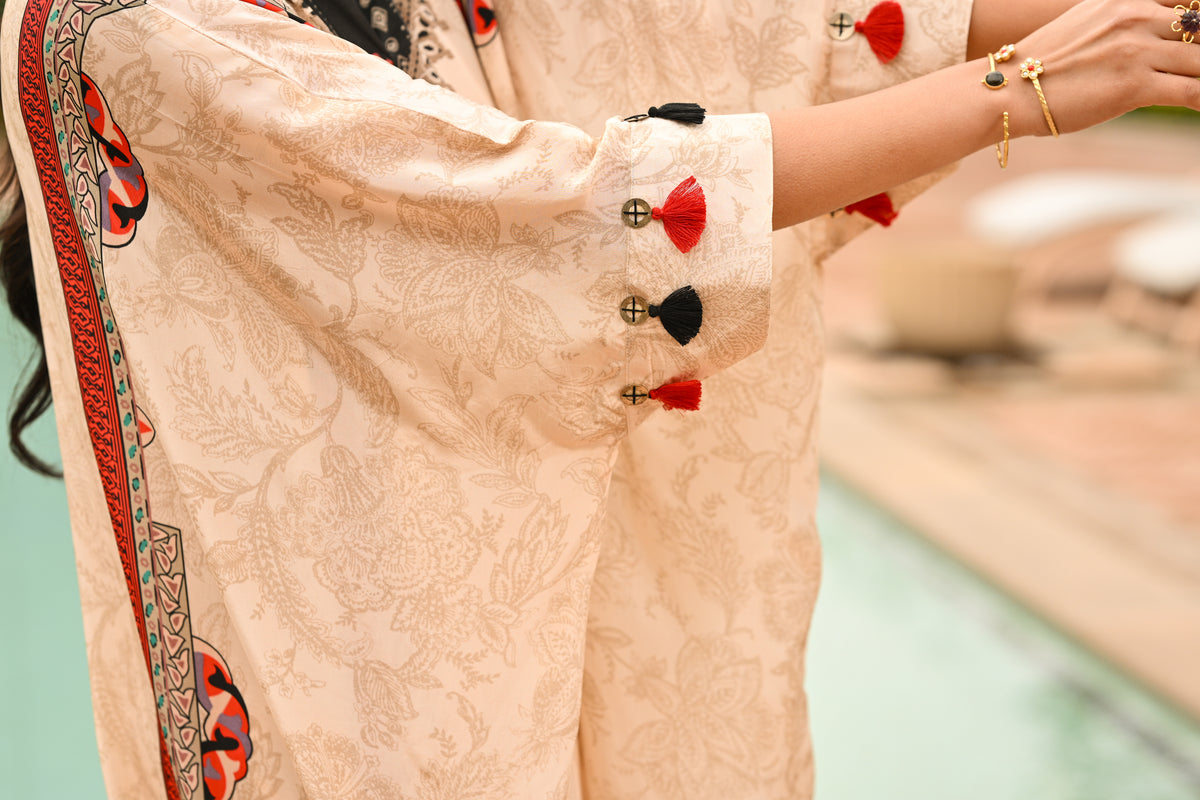 Paisley Print Cream and Black Kaftan with Pants