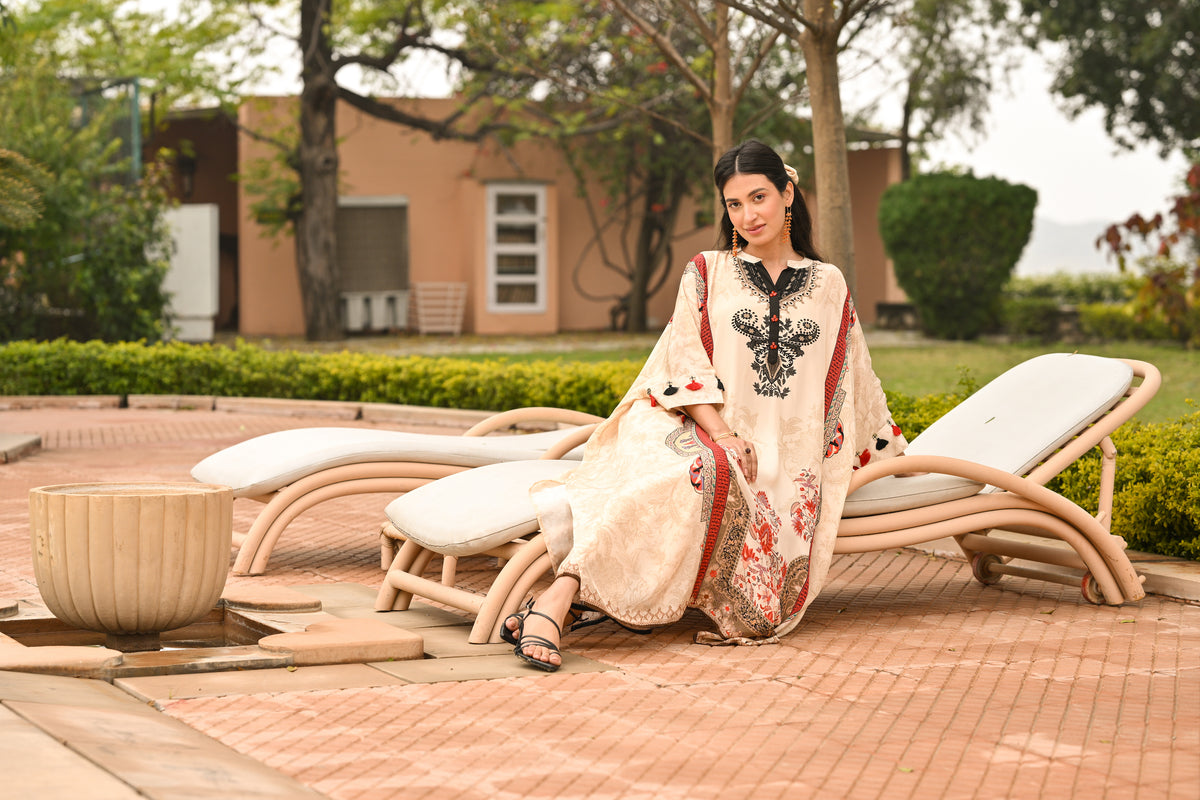 Paisley Print Cream and Black Kaftan with Pants