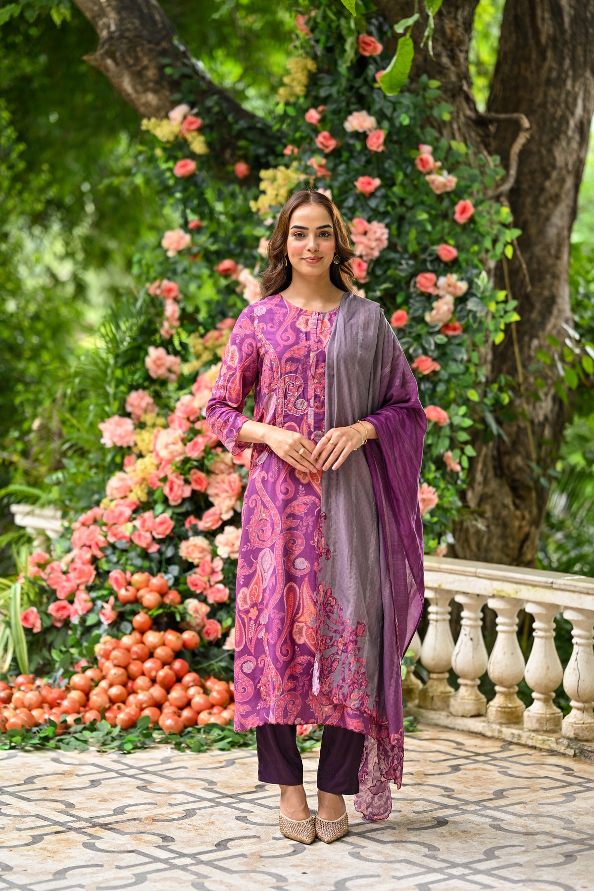 Purple Paisley Pure muslin Suit Set with Zari Thredle work and Shaded Cut work Dupatta