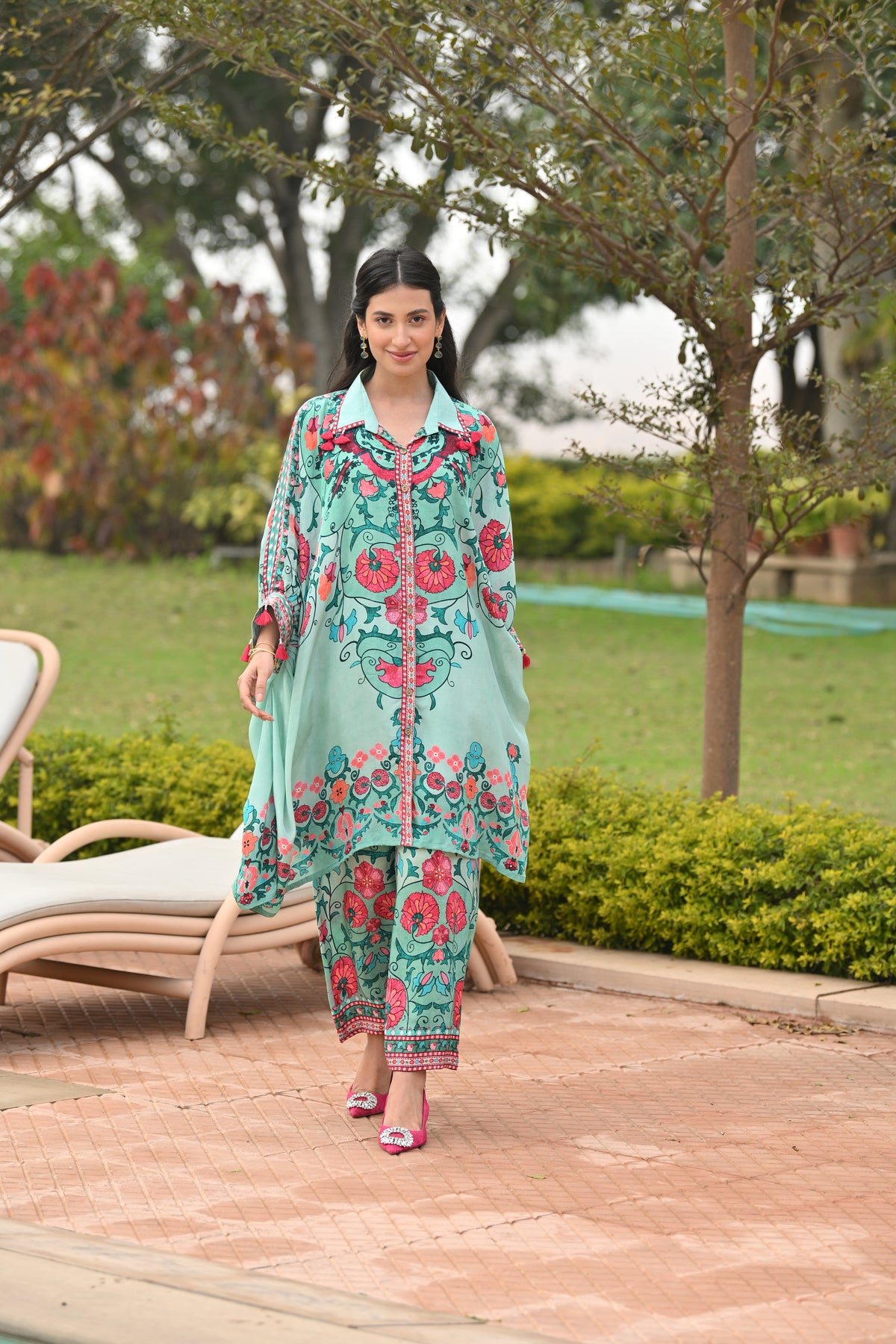 Cadmium Green Side Placement Panel Kaftan Cord Set