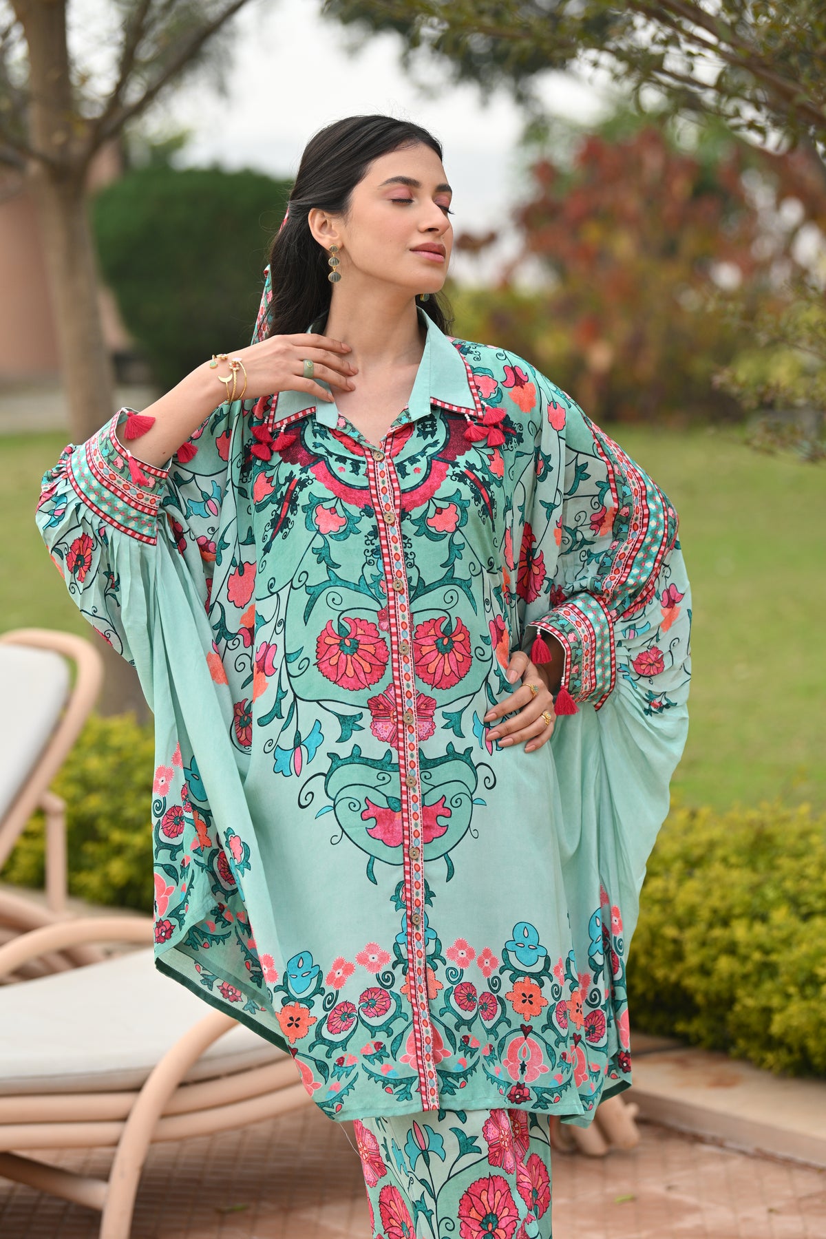Cadmium Green Side Placement Panel Kaftan Cord Set