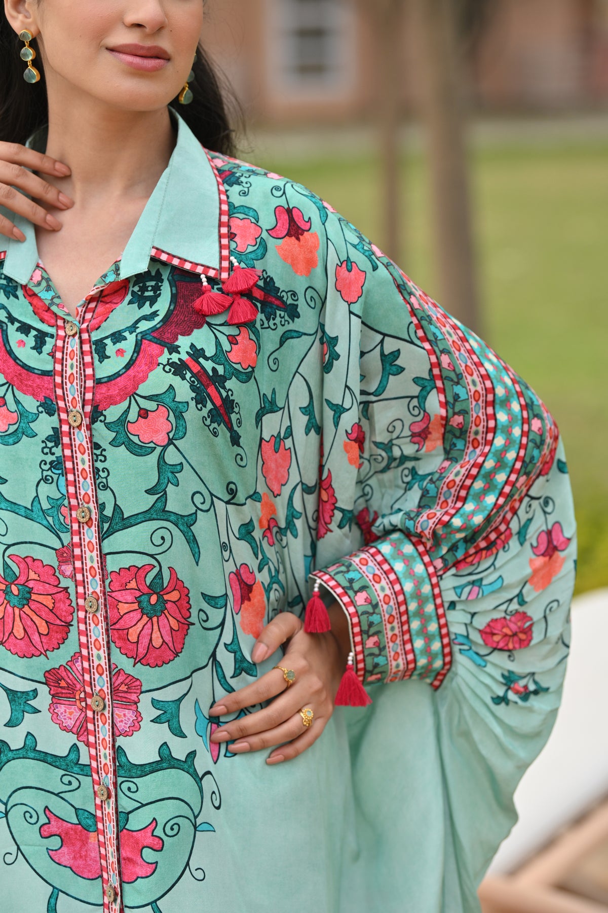 Cadmium Green Side Placement Panel Kaftan Cord Set