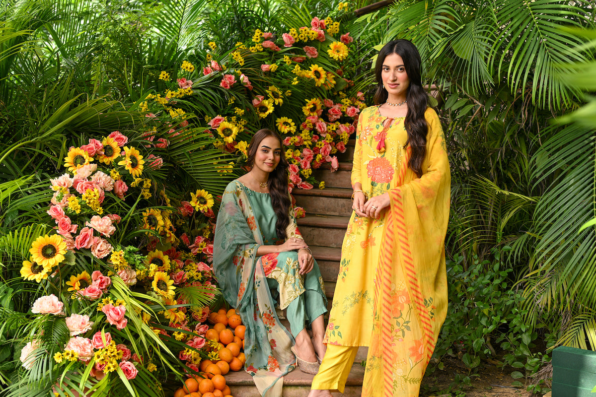 Yellow Utsav Floral Muslin Suit Set with Spread Gota and Sequence Work and Organza Floral Dupatta
