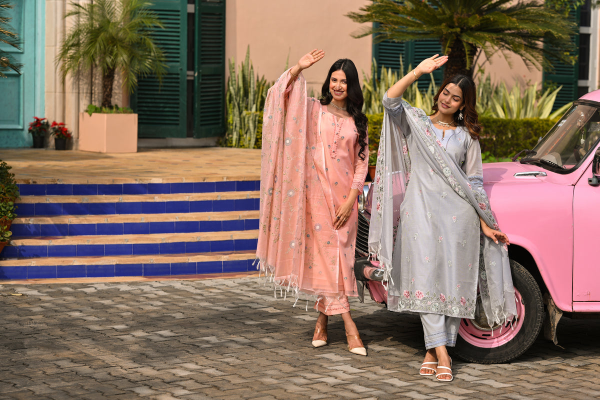 Peach Spring Kota Doriya Thread Work Embroidery Suit Set with Lace