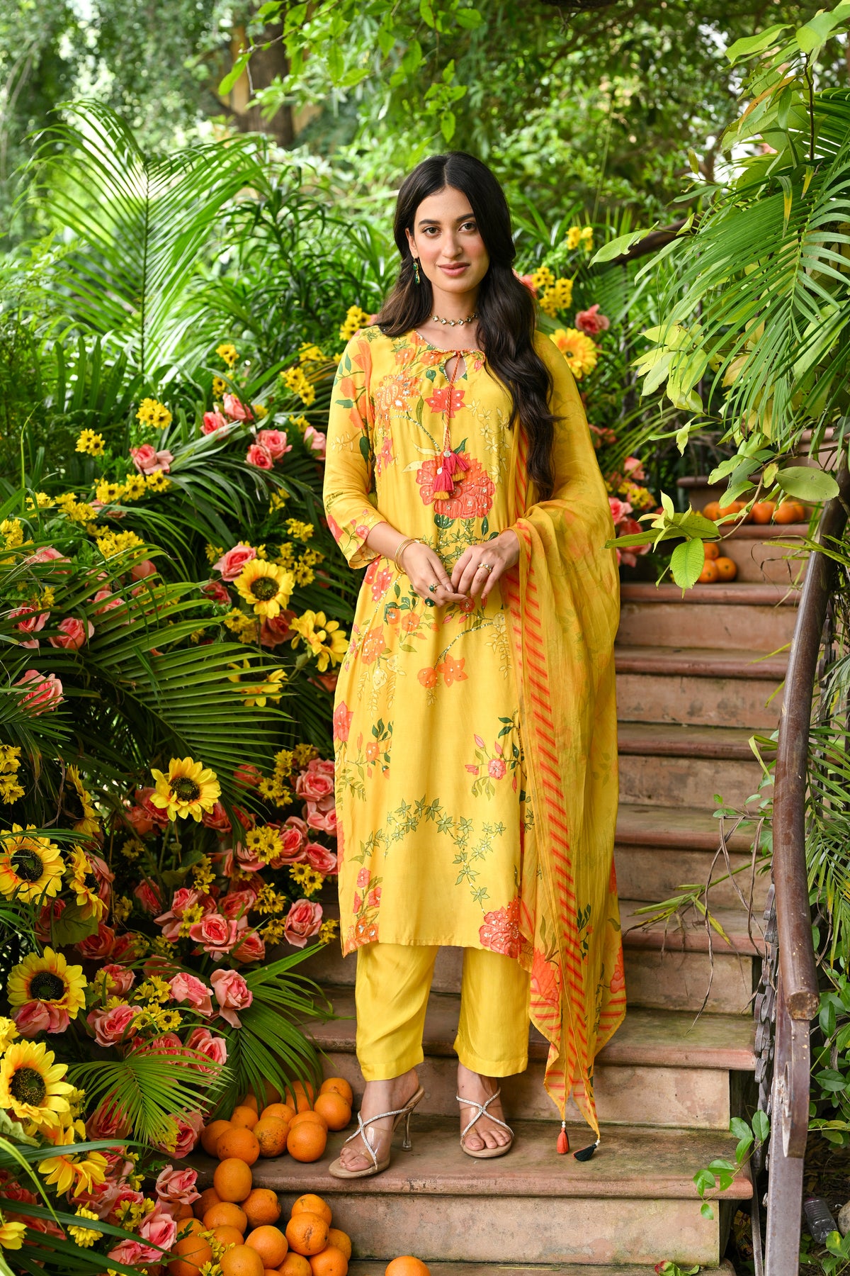 Yellow Utsav Floral Muslin Suit Set with Spread Gota and Sequence Work and Organza Floral Dupatta