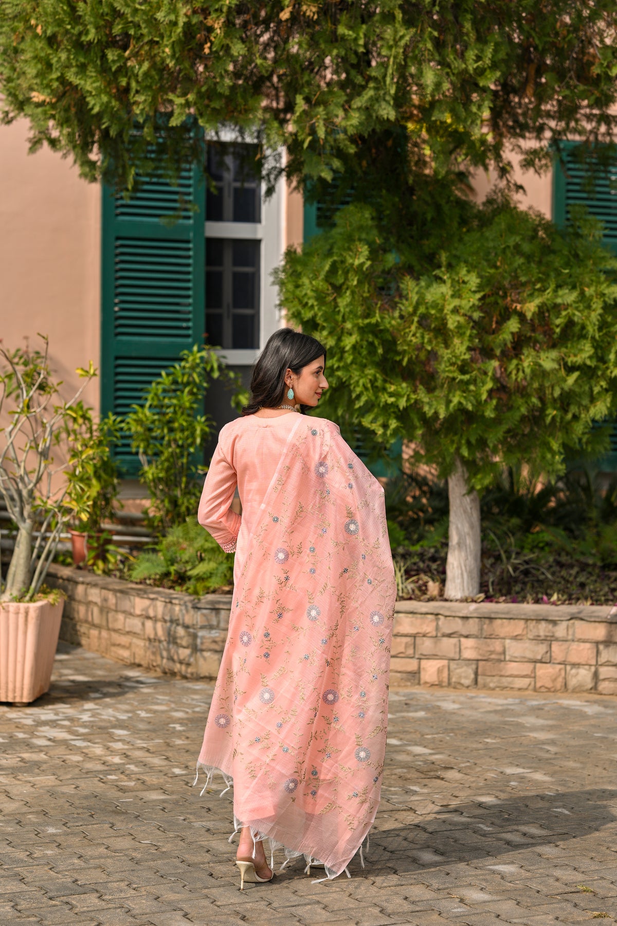 Peach Spring Kota Doriya Thread Work Embroidery Suit Set with Lace