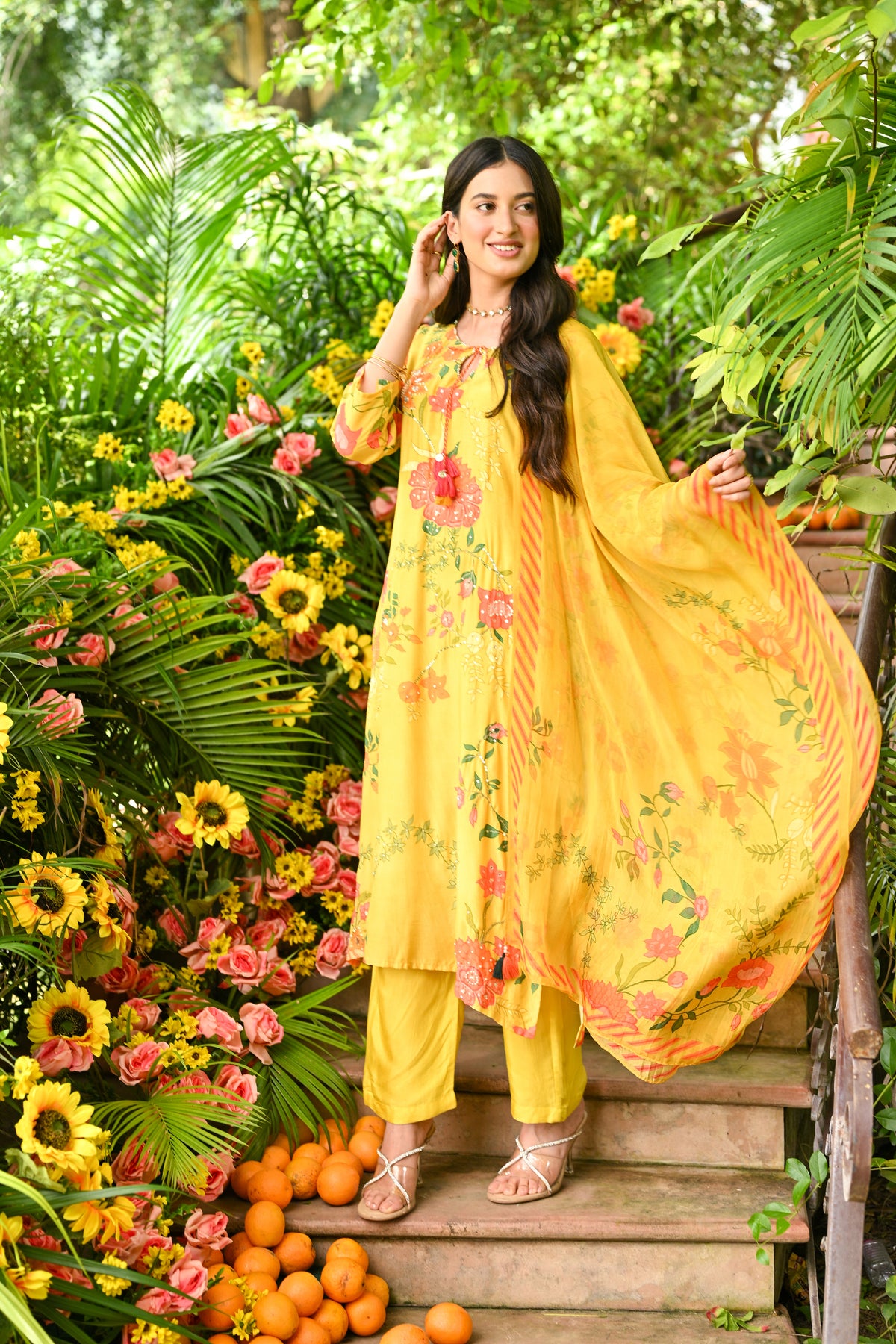 Yellow Utsav Floral Muslin Suit Set with Spread Gota and Sequence Work and Organza Floral Dupatta