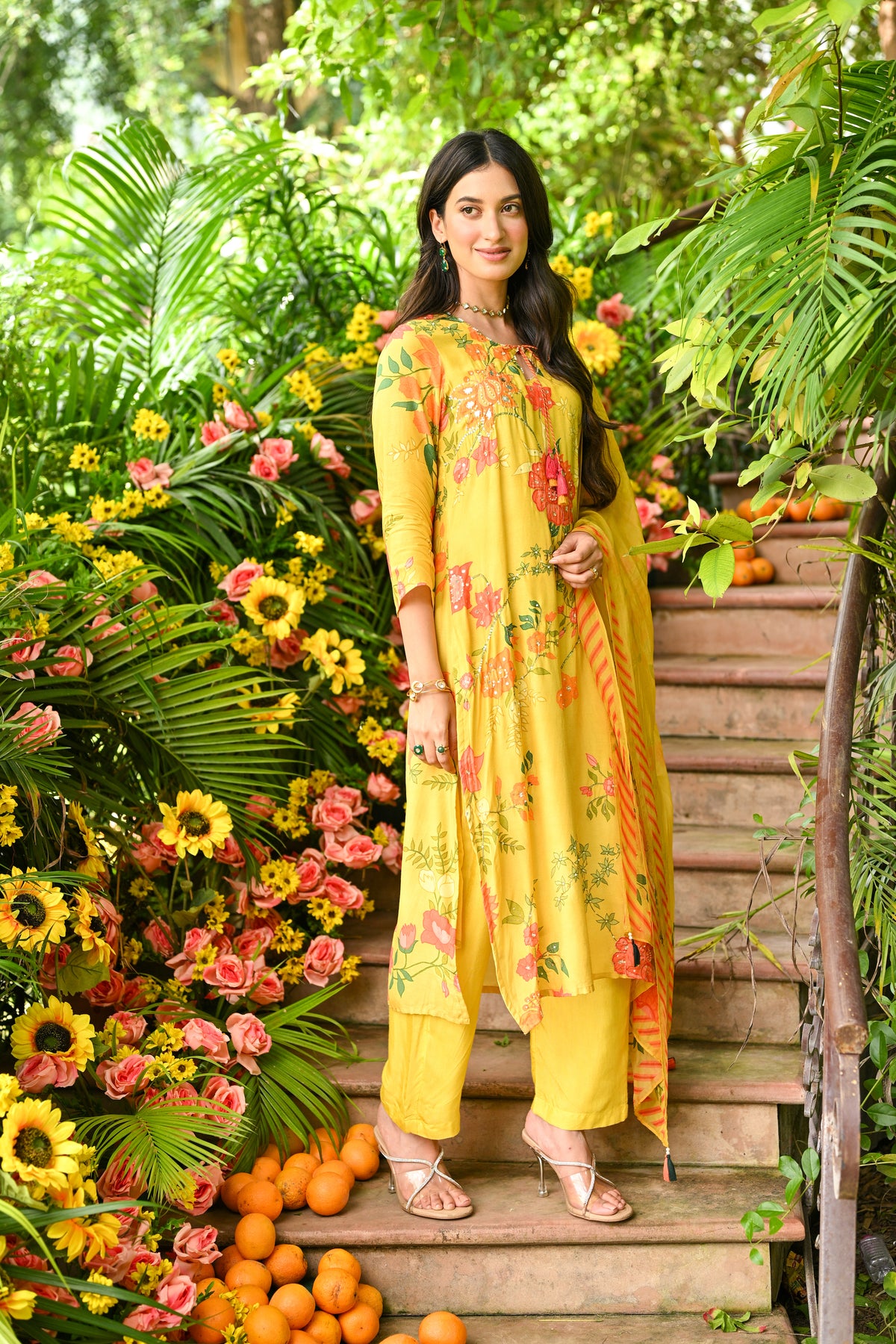 Yellow Utsav Floral Muslin Suit Set with Spread Gota and Sequence Work and Organza Floral Dupatta