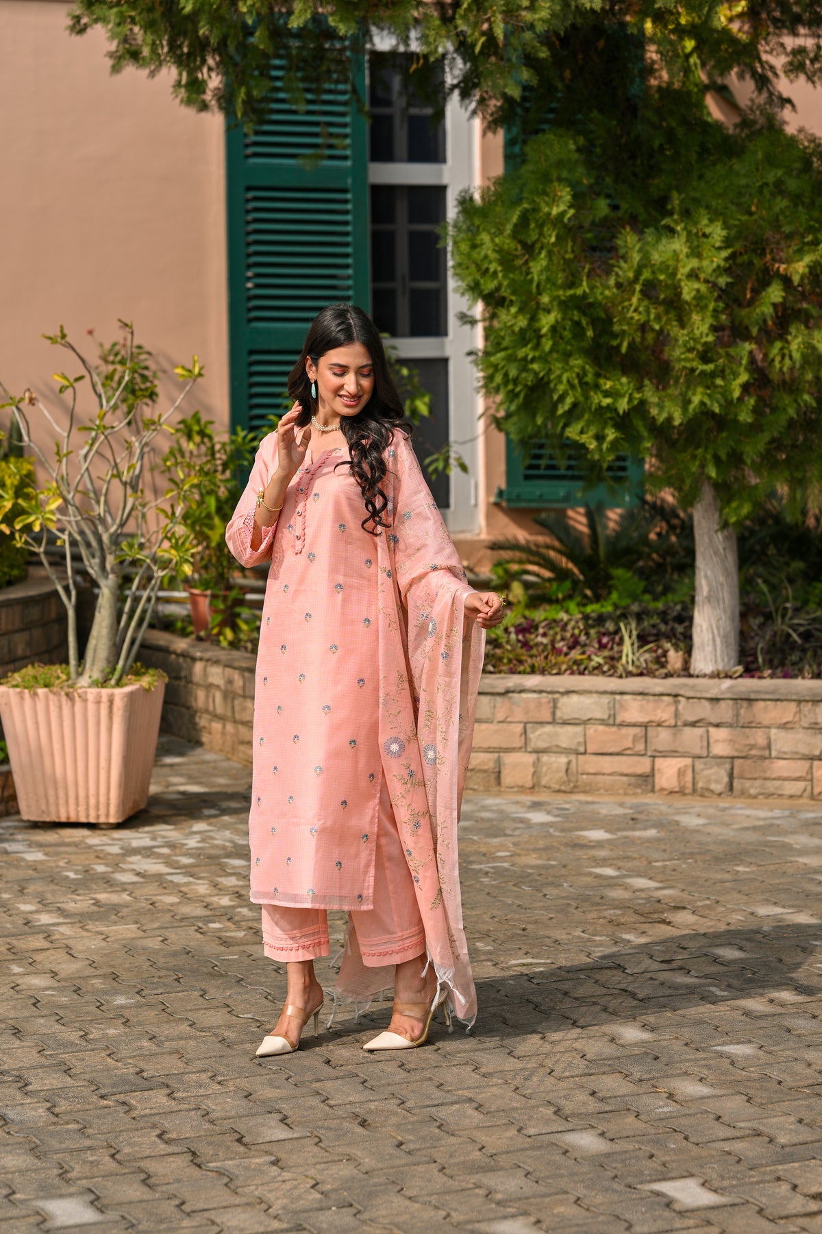 Peach Spring Kota Doriya Thread Work Embroidery Suit Set with Lace