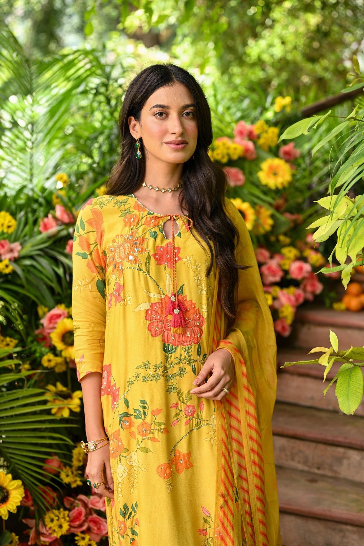 Yellow Utsav Floral Muslin Suit Set with Spread Gota and Sequence Work and Organza Floral Dupatta
