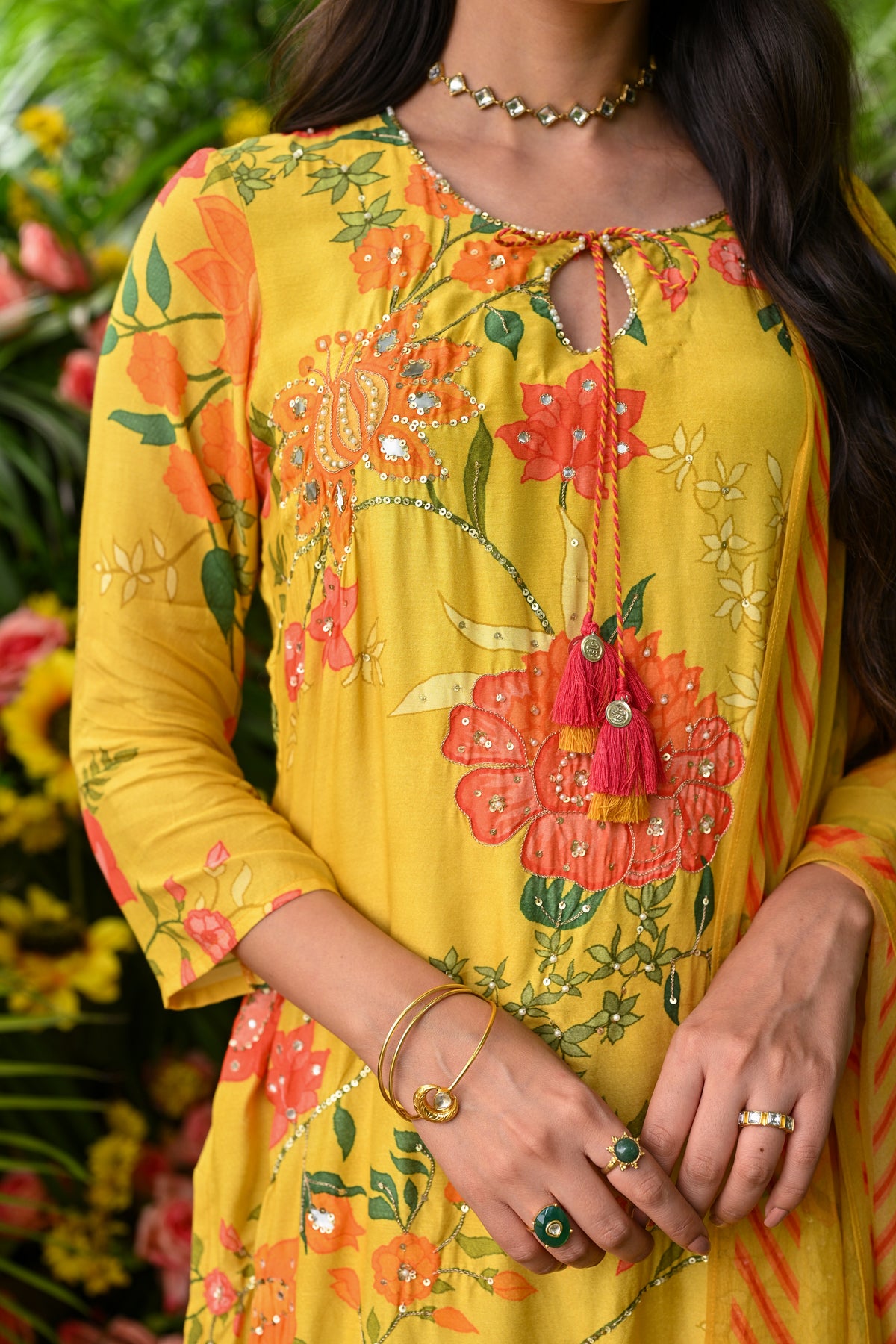 Yellow Utsav Floral Muslin Suit Set with Spread Gota and Sequence Work and Organza Floral Dupatta