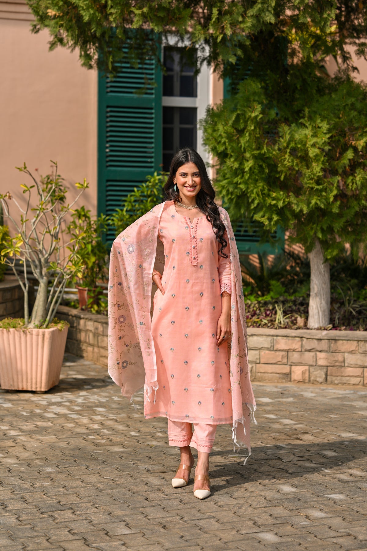 Peach Spring Kota Doriya Thread Work Embroidery Suit Set with Lace