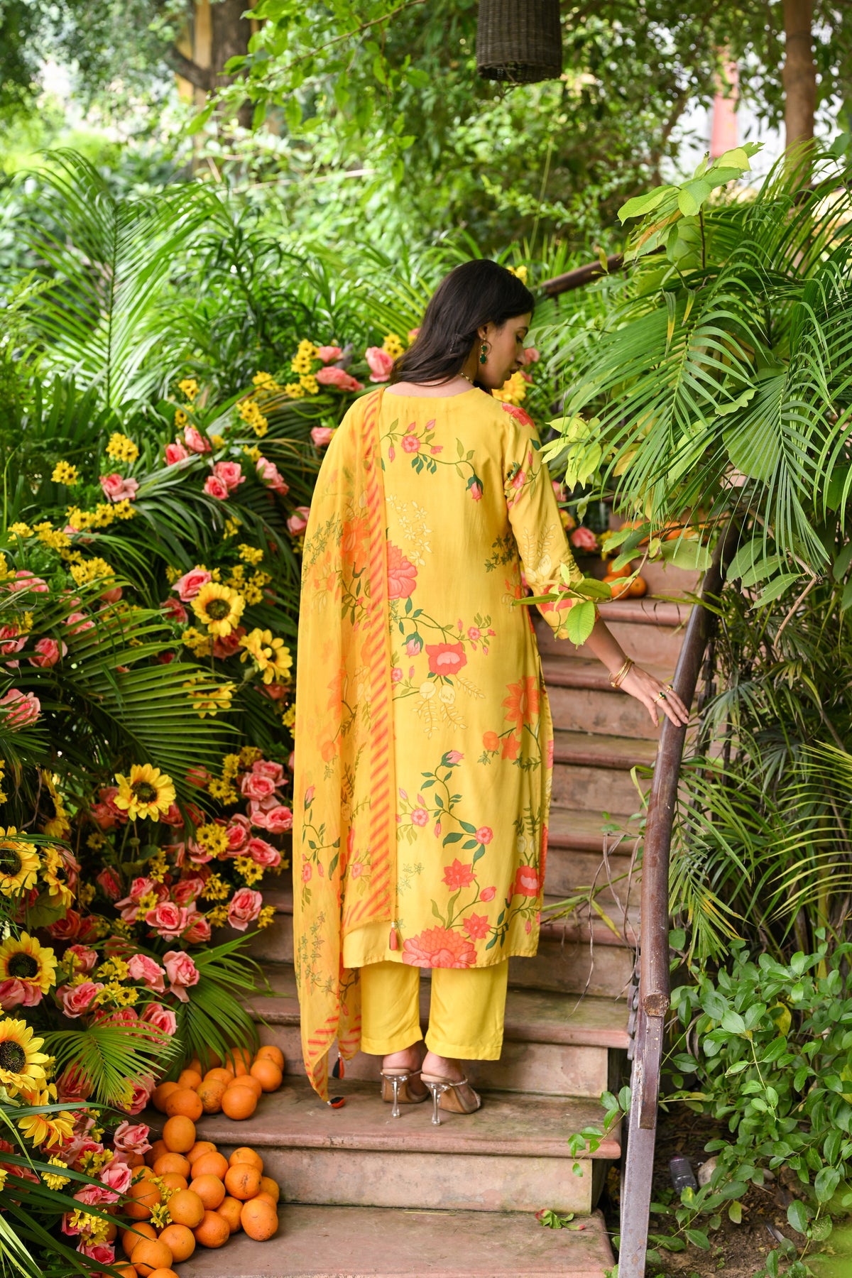 Yellow Utsav Floral Muslin Suit Set with Spread Gota and Sequence Work and Organza Floral Dupatta
