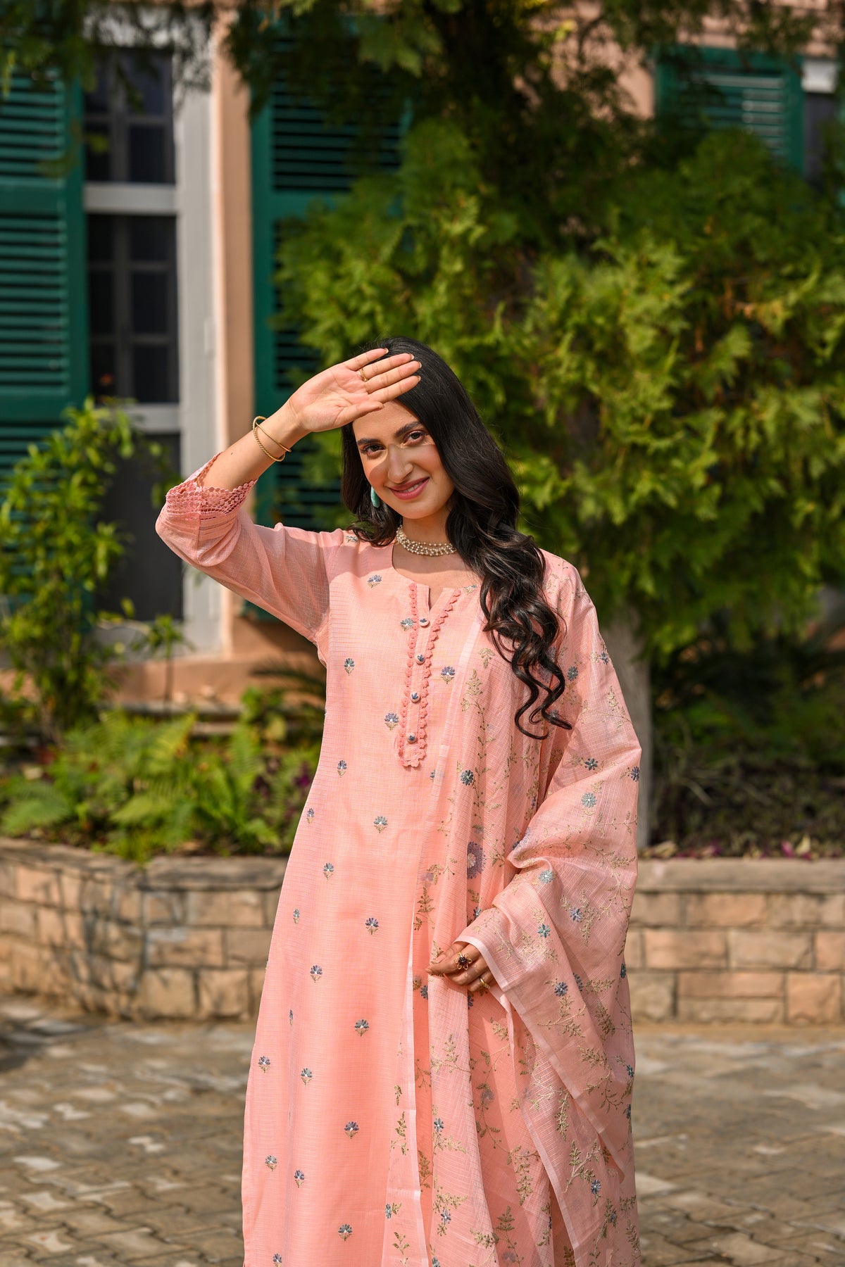 Peach Spring Kota Doriya Thread Work Embroidery Suit Set with Lace