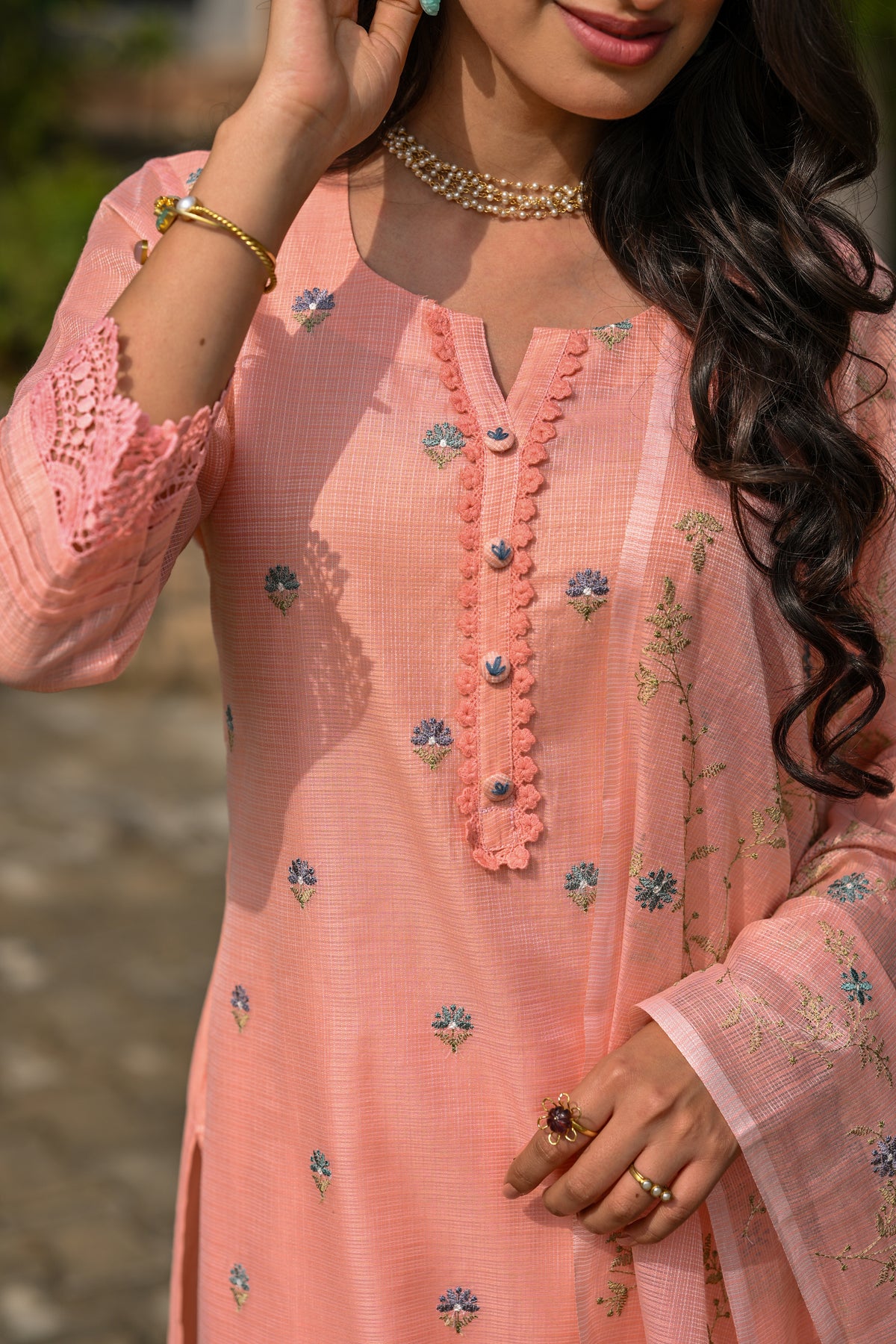 Peach Spring Kota Doriya Thread Work Embroidery Suit Set with Lace