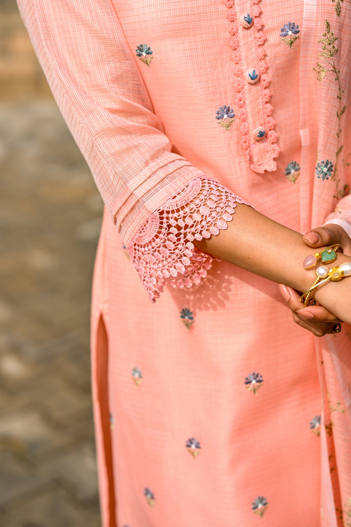 Peach Spring Kota Doriya Thread Work Embroidery Suit Set with Lace
