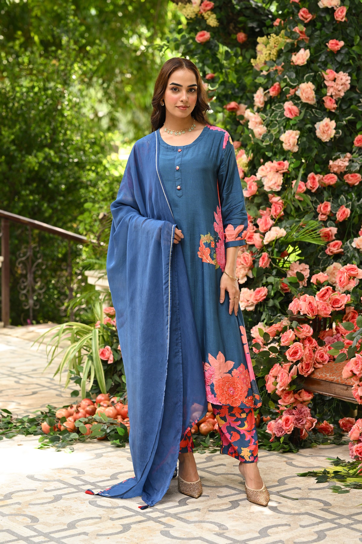Blue Floral Rehmat Placement Print Muslin A Line Stitched Suit Set