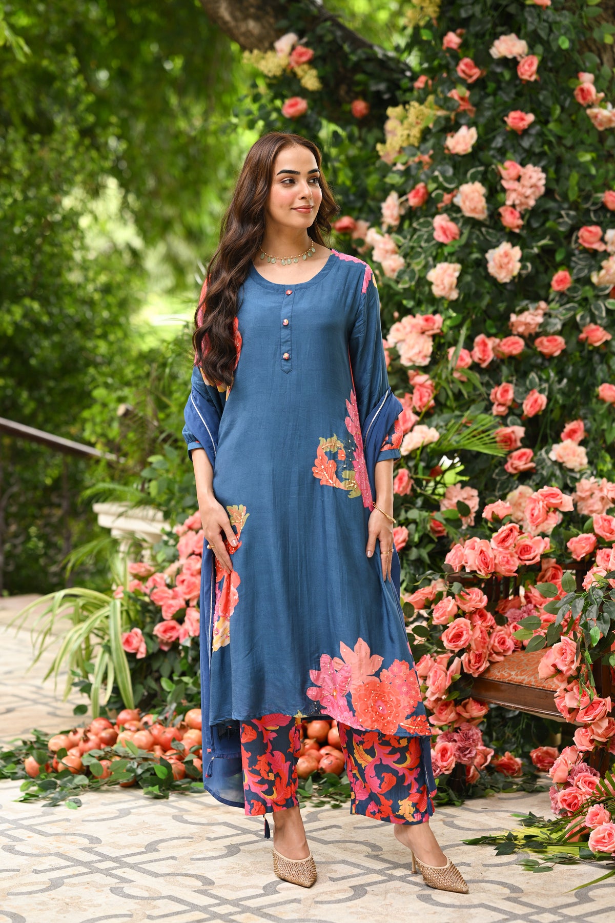 Blue Floral Rehmat Placement Print Muslin A Line Stitched Suit Set