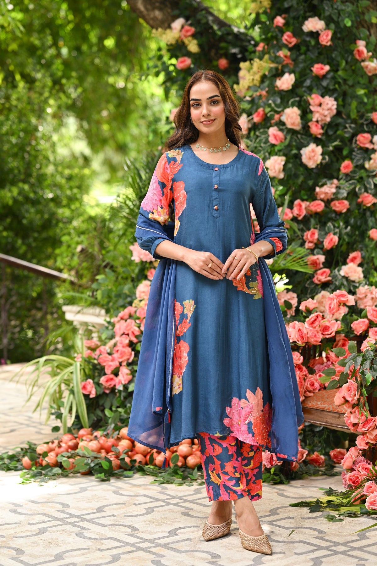 Blue Floral Rehmat Placement Print Muslin A Line Stitched Suit Set