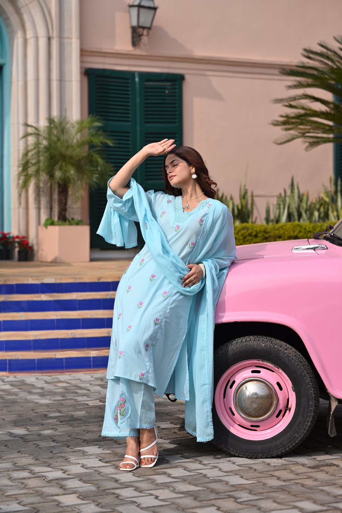 Blue Valley  Mul Cotton Cross Stitch Suit Set