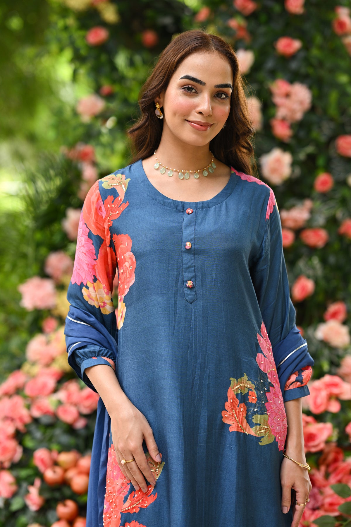 Blue Floral Rehmat Placement Print Muslin A Line Stitched Suit Set