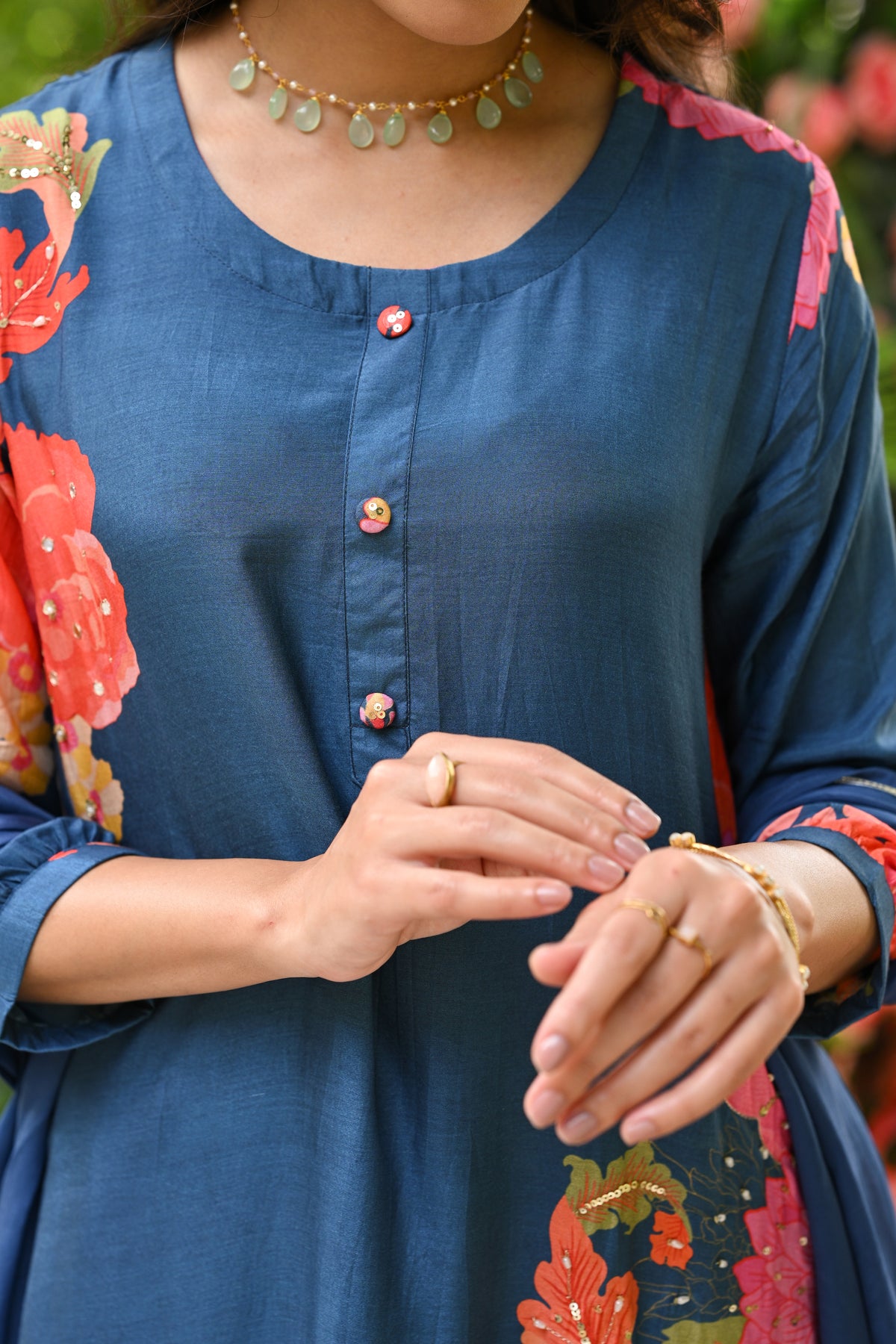 Blue Floral Rehmat Placement Print Muslin A Line Stitched Suit Set
