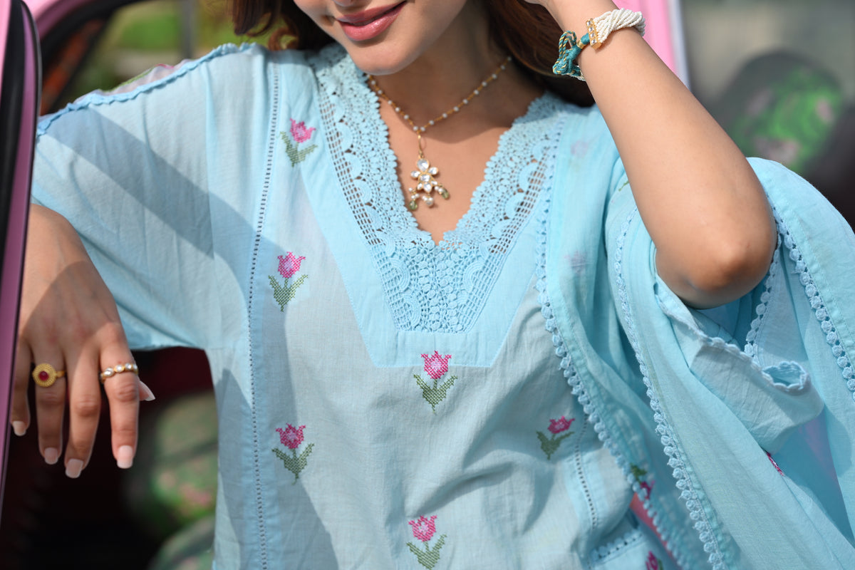 Blue Valley  Mul Cotton Cross Stitch Suit Set