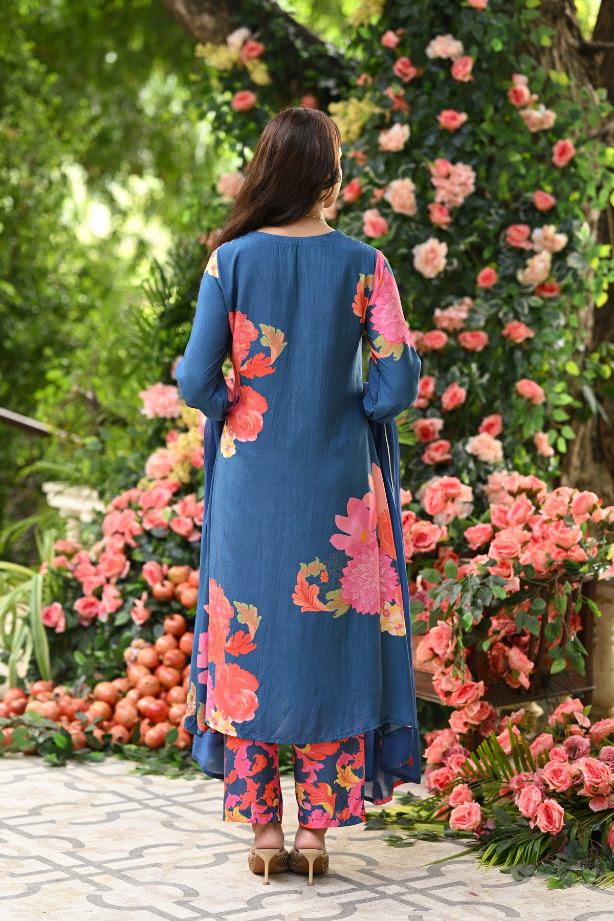 Blue Floral Rehmat Placement Print Muslin A Line Stitched Suit Set
