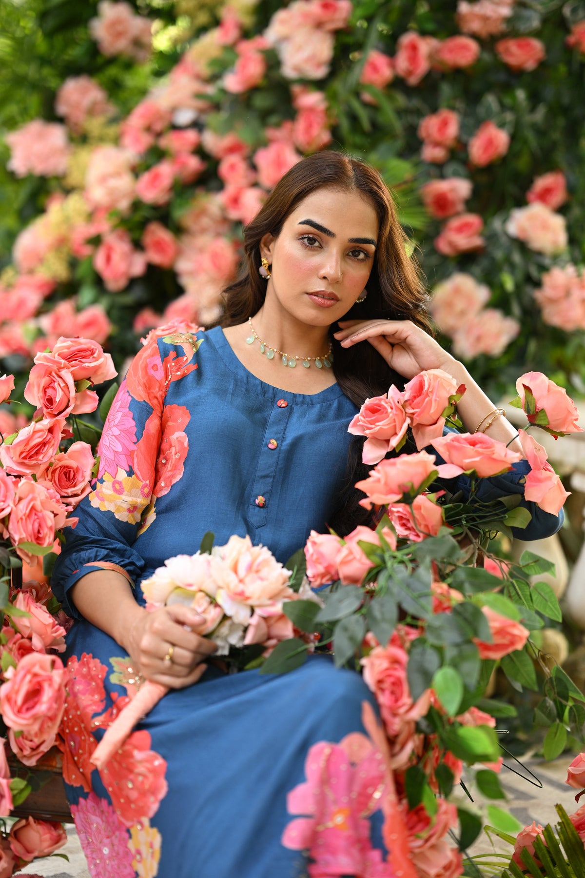 Blue Floral Rehmat Placement Print Muslin A Line Stitched Suit Set