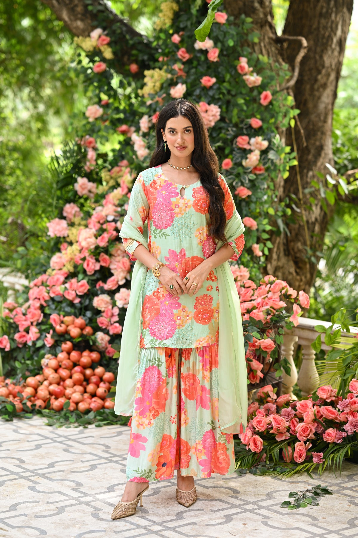 Pastel Green Rehmat Floral Print Sharara Set With Pearl and Sequence Work