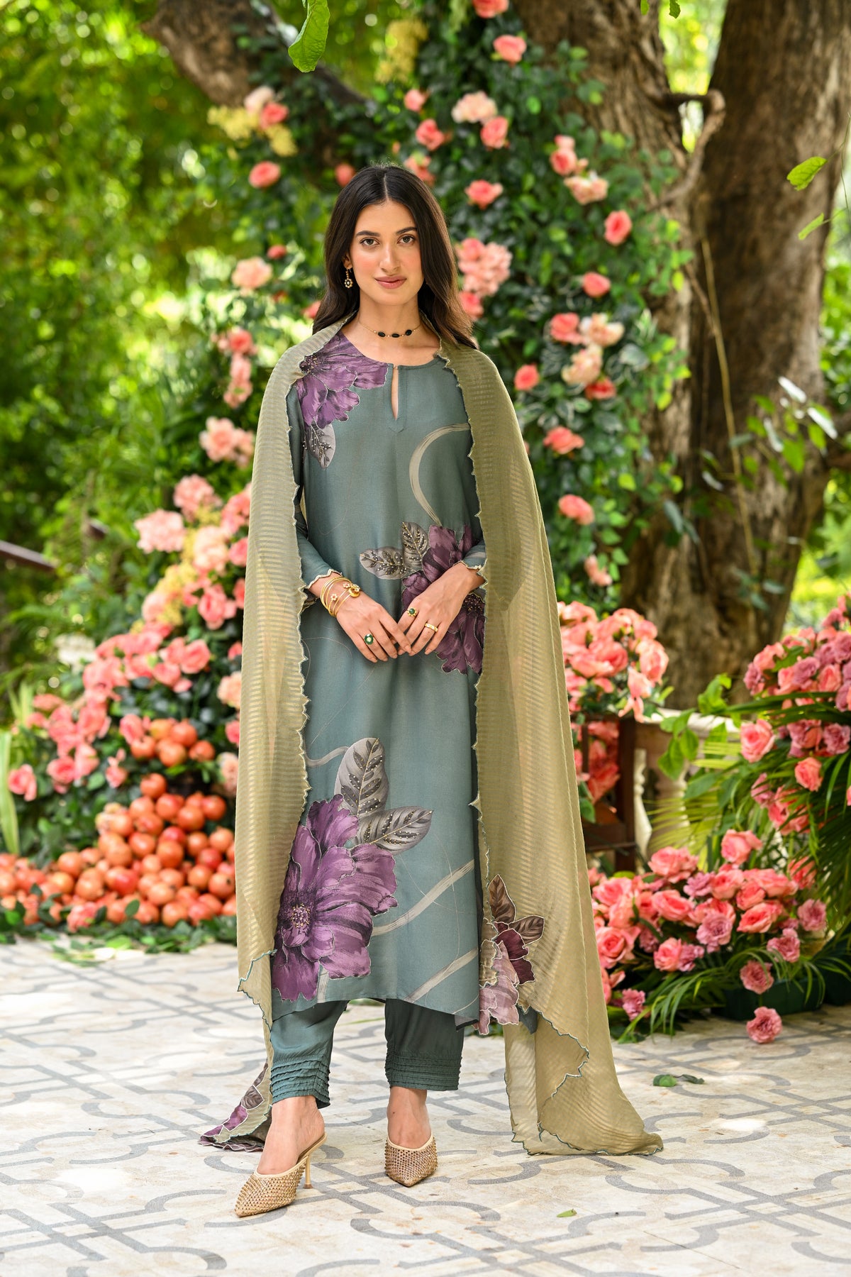 Teal Green With Purple Floral Print Suit Set with Cut Work and Scallope Dupatta with Beads and Zari Thredle Work