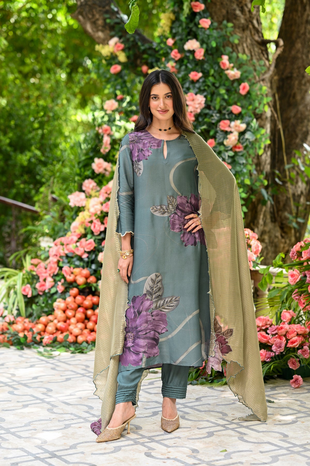 Teal Green With Purple Floral Print Suit Set with Cut Work and Scallope Dupatta with Beads and Zari Thredle Work