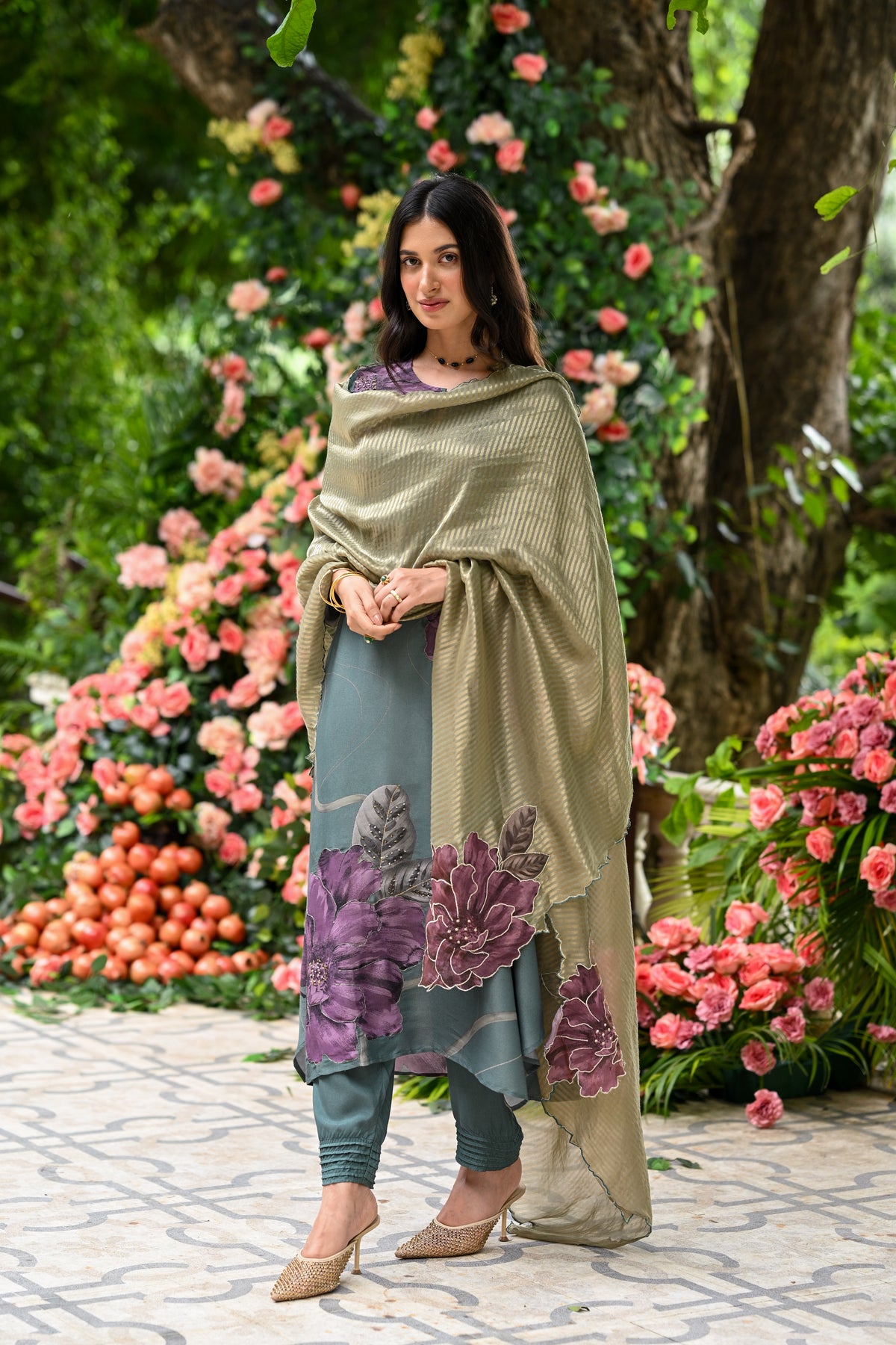 Teal Green With Purple Floral Print Suit Set with Cut Work and Scallope Dupatta with Beads and Zari Thredle Work