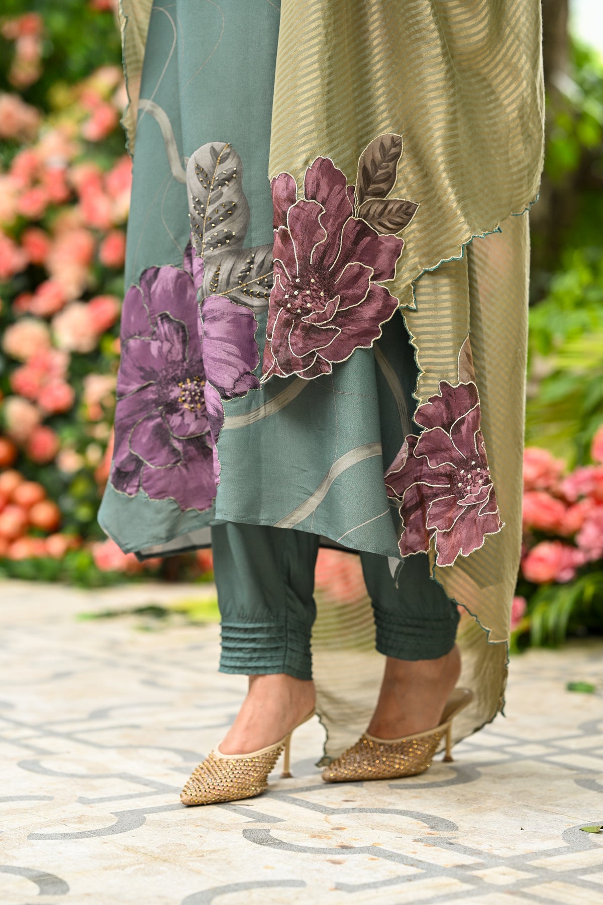 Teal Green With Purple Floral Print Suit Set with Cut Work and Scallope Dupatta with Beads and Zari Thredle Work