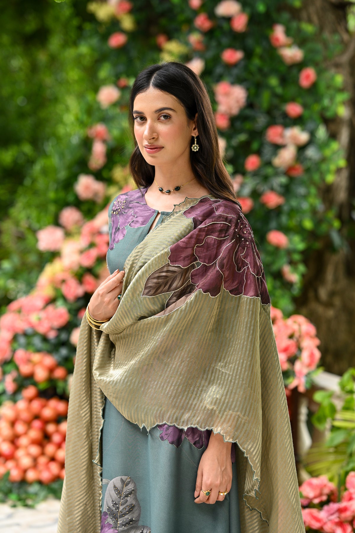 Teal Green With Purple Floral Print Suit Set with Cut Work and Scallope Dupatta with Beads and Zari Thredle Work
