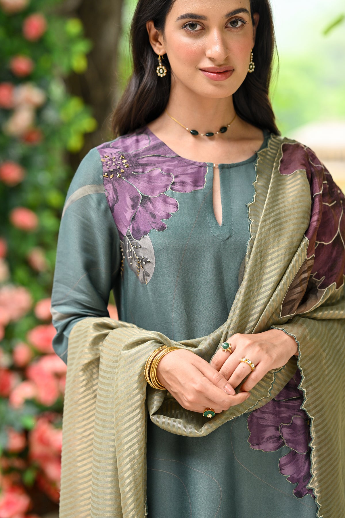 Teal Green With Purple Floral Print Suit Set with Cut Work and Scallope Dupatta with Beads and Zari Thredle Work