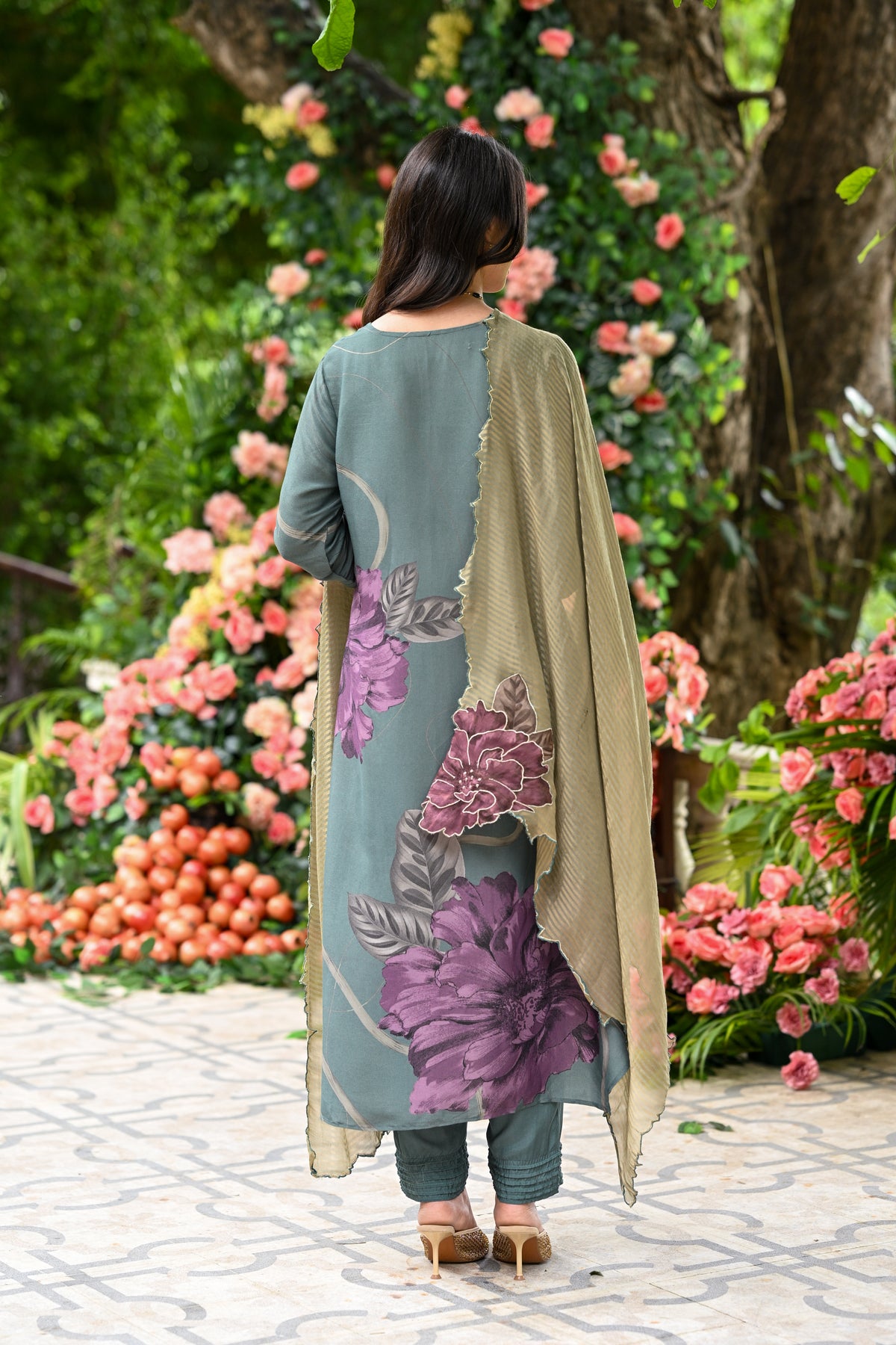 Teal Green With Purple Floral Print Suit Set with Cut Work and Scallope Dupatta with Beads and Zari Thredle Work