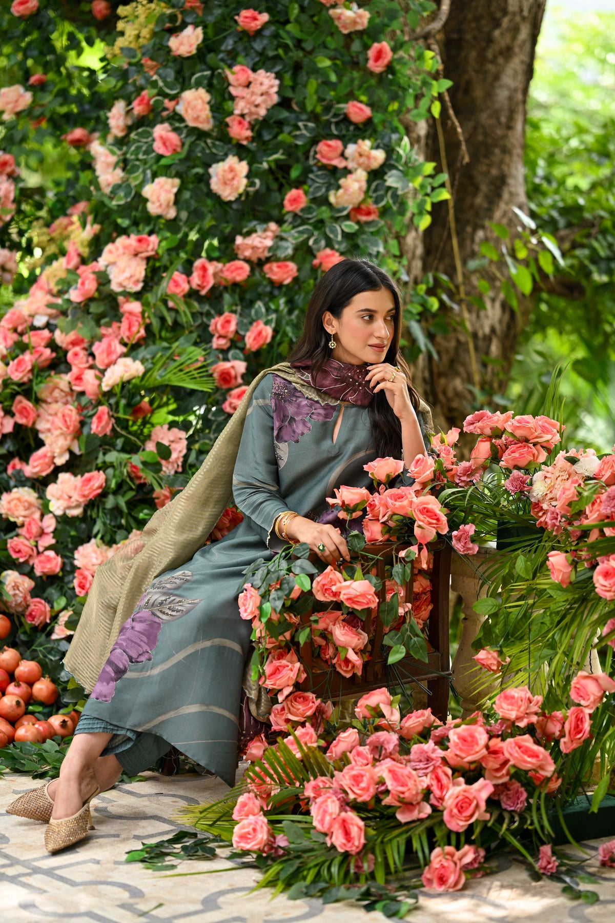 Teal Green With Purple Floral Print Suit Set with Cut Work and Scallope Dupatta with Beads and Zari Thredle Work