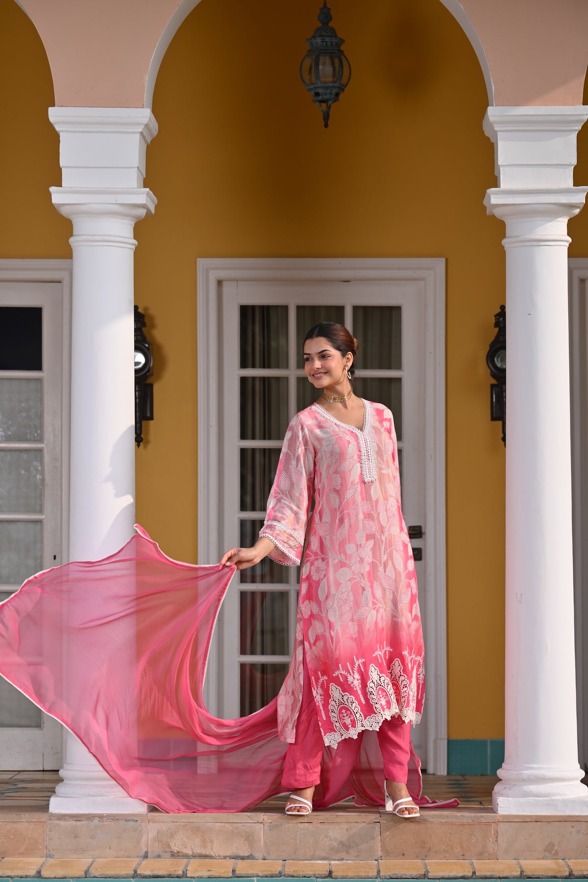 Spring Shaded Pink Muslin Suit Set with Chiffon Dupatta and Lace