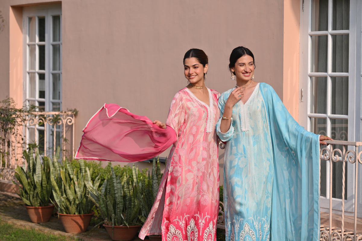 Spring Shaded Pink Muslin Suit Set with Chiffon Dupatta and Lace