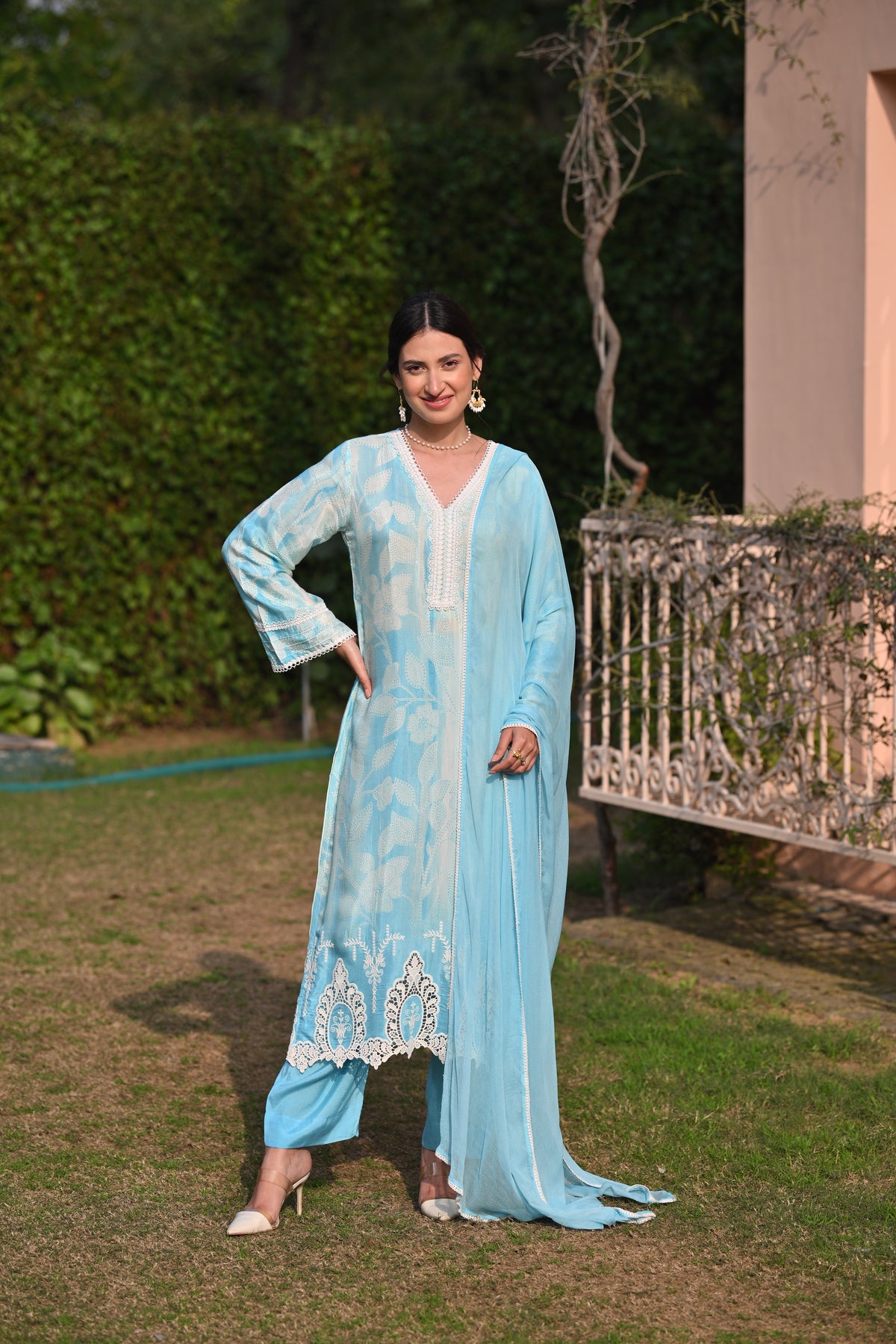 Spring Shaded Blue  Muslin Suit Set with Chiffon Dupatta and Lace