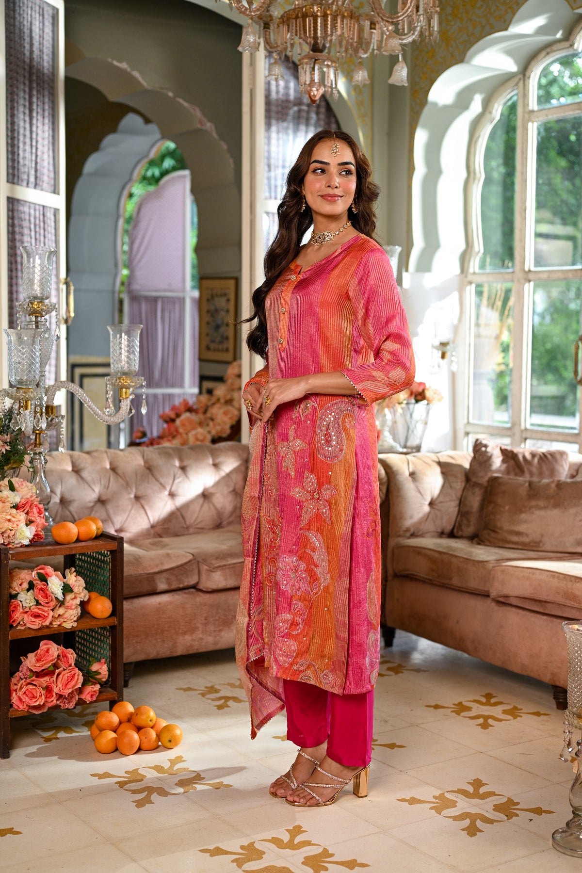 Pink Floral print Suit Set with Sequin , Mirror and Zari work