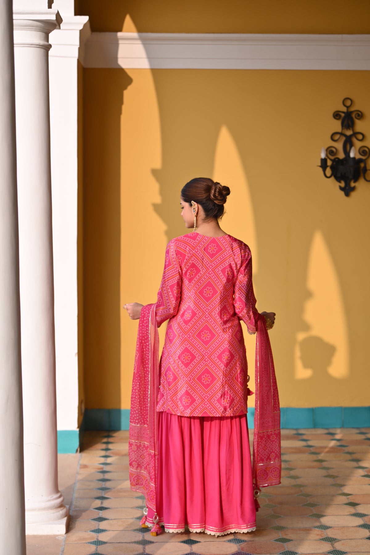 Namita Dubey in Pink Bandhani Nazakat Sharara Set with Gota Patti Work and Scallope Kurta