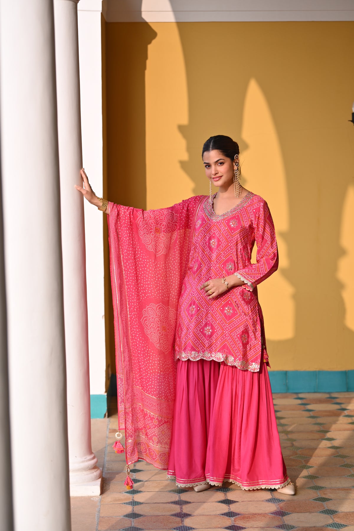 Namita Dubey in Pink Bandhani Nazakat Sharara Set with Gota Patti Work and Scallope Kurta